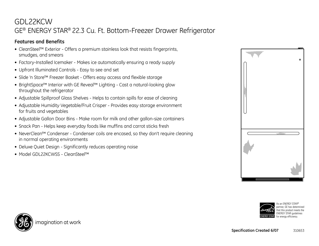 GE GDL22KCW dimensions Features and Benefits 