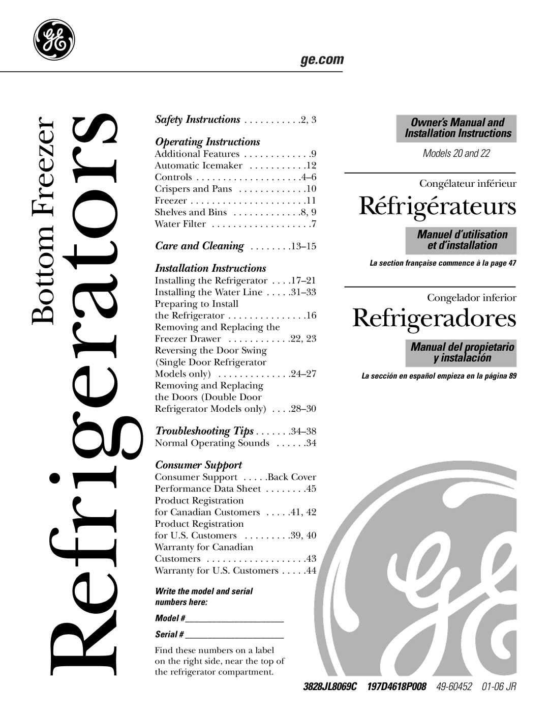 GE GDL22KCWSS manual 3828JL8069C 197D4618P008 49-6045201-06 JR, Write the model and serial numbers here Model # Serial # 