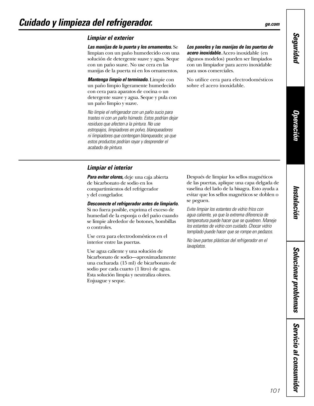 GE GDL22KCWSS manual Cuidado y limpieza del refrigerador, Limpiar el exterior, Limpiar el interior 