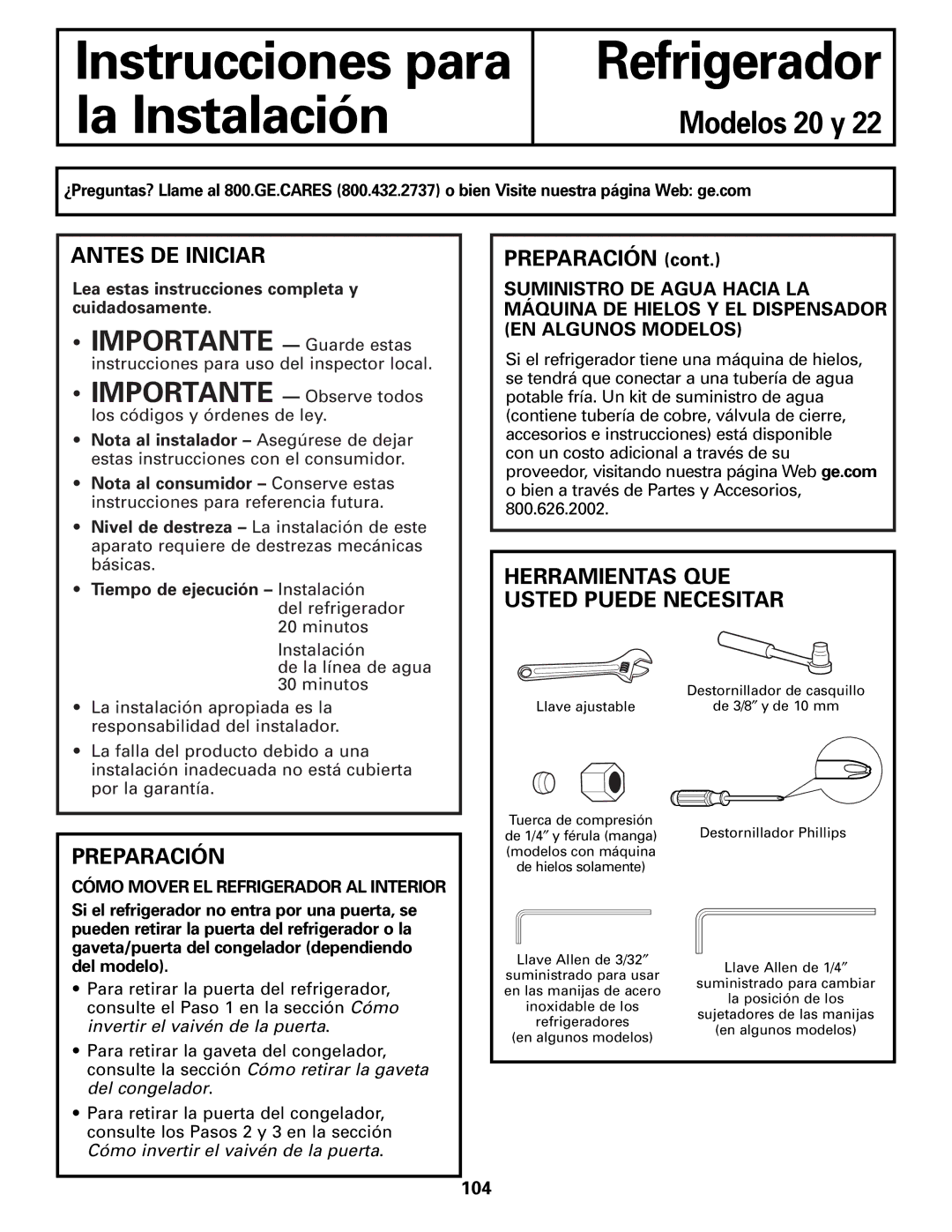 GE GDL22KCWSS manual Antes DE Iniciar, Preparación, Herramientas QUE, Usted Puede Necesitar, 104 