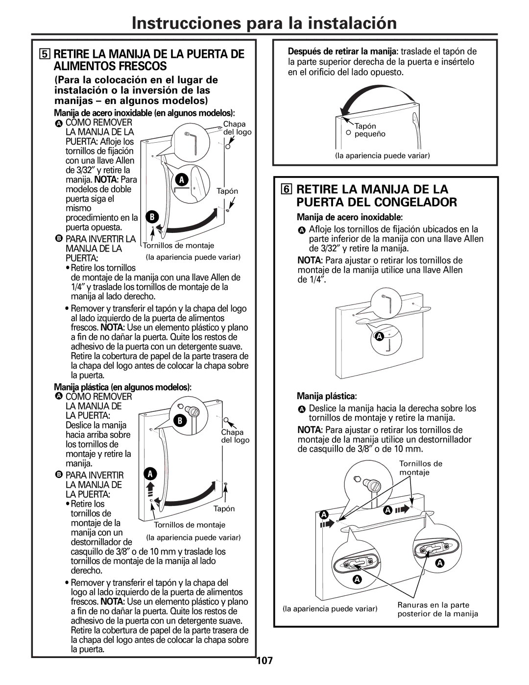 GE GDL22KCWSS manual Retire LA Manija DE LA Puerta DEL Congelador, Retire LA Manija DE LA Puerta DE Alimentos Frescos, 107 