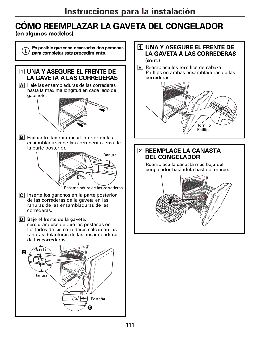 GE GDL22KCWSS manual Cómo Reemplazar LA Gaveta DEL Congelador, Reemplace LA Canasta DEL Congelador, 111 