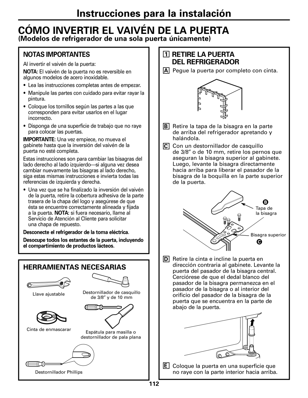 GE GDL22KCWSS manual Cómo Invertir EL Vaivén DE LA Puerta, Notas Importantes, Herramientas Necesarias, 112 