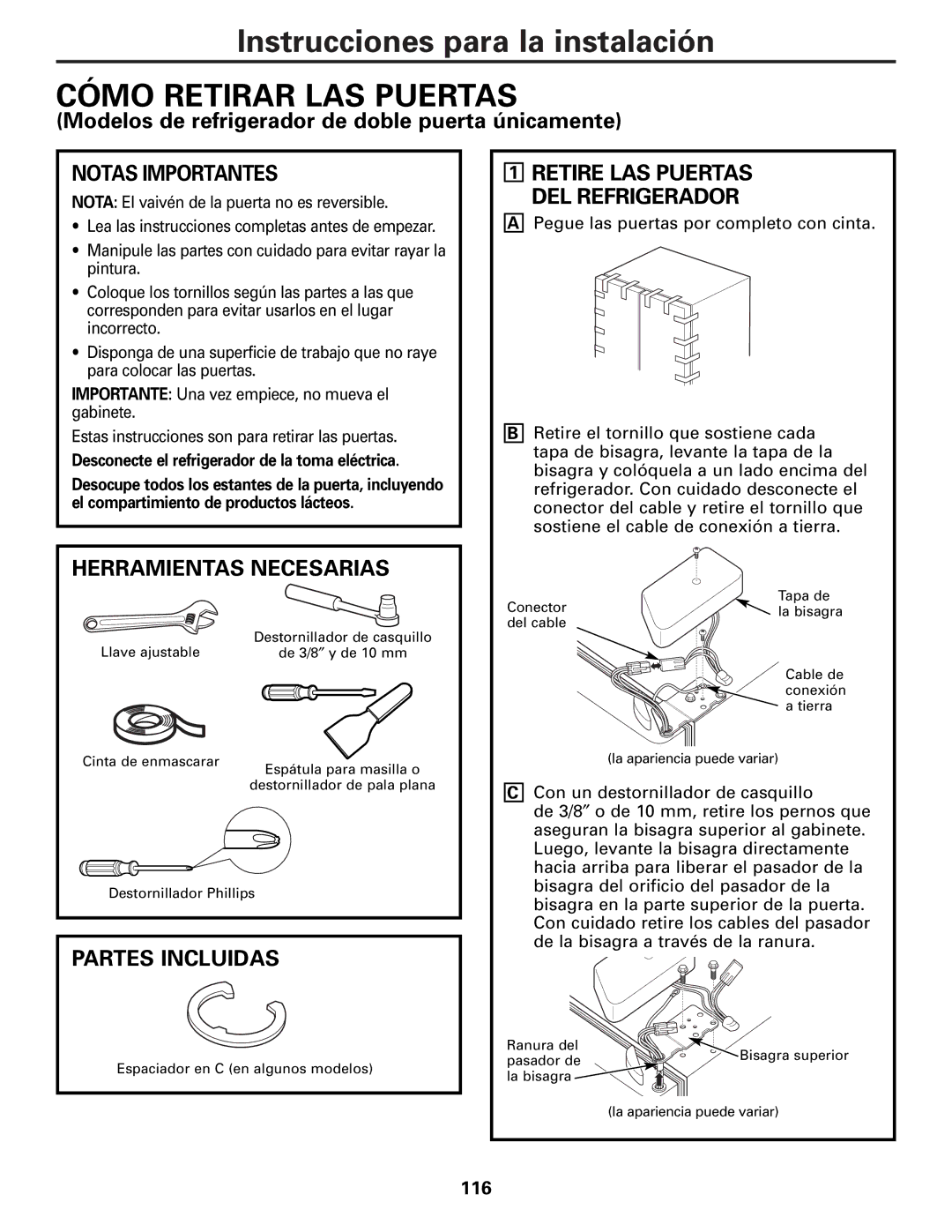 GE GDL22KCWSS Cómo Retirar LAS Puertas, Herramientas Necesarias, Partes Incluidas, Retire LAS Puertas DEL Refrigerador 