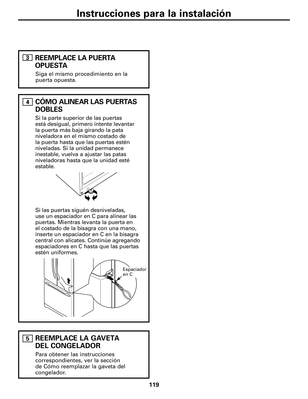 GE GDL22KCWSS manual Reemplace LA Puerta Opuesta, Cómo Alinear LAS Puertas Dobles, Reemplace LA Gaveta DEL Congelador, 119 