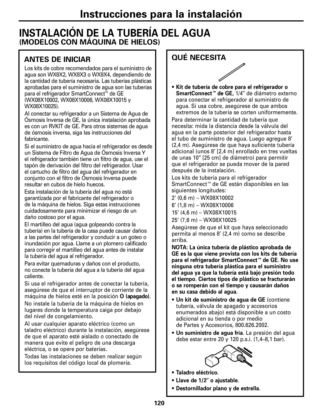 GE GDL22KCWSS manual Instalación DE LA Tubería DEL Agua, Modelos CON Máquina DE Hielos Antes DE Iniciar, QUÉ Necesita, 120 