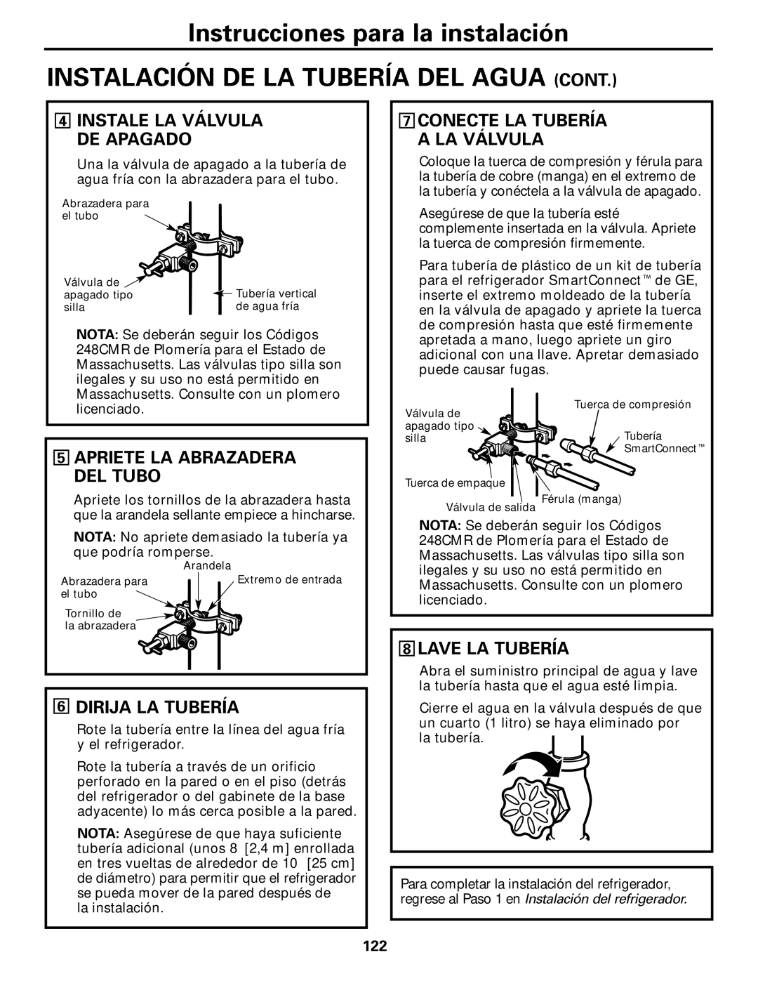 GE GDL22KCWSS manual Apriete LA Abrazadera DEL Tubo, Dirija LA Tubería, Lave LA Tubería, Instale LA Válvula DE Apagado 