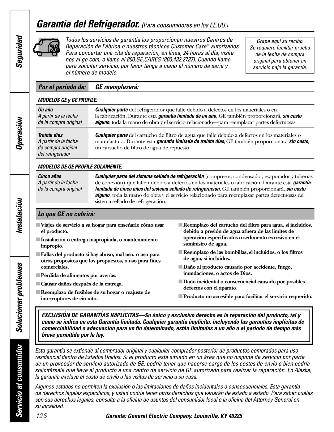 GE GDL22KCWSS manual Por el período de GE reemplazará, Lo que GE no cubrirá, 128 