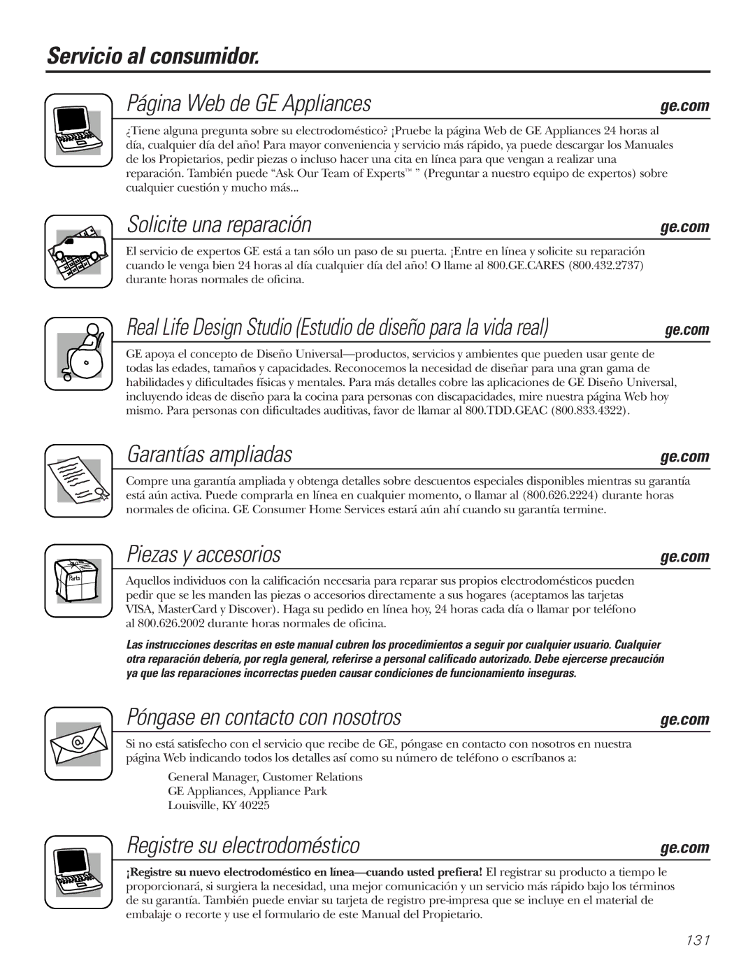 GE GDL22KCWSS manual Servicio al consumidor Página Web de GE Appliances, Solicite una reparación, Garantías ampliadas 