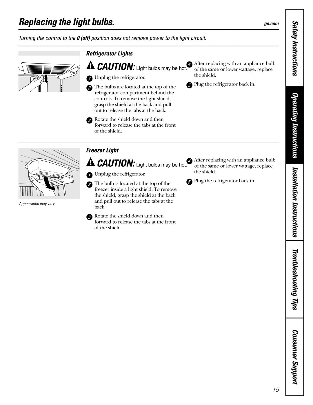 GE GDL22KCWSS manual Replacing the light bulbs, Refrigerator Lights, Freezer Light 