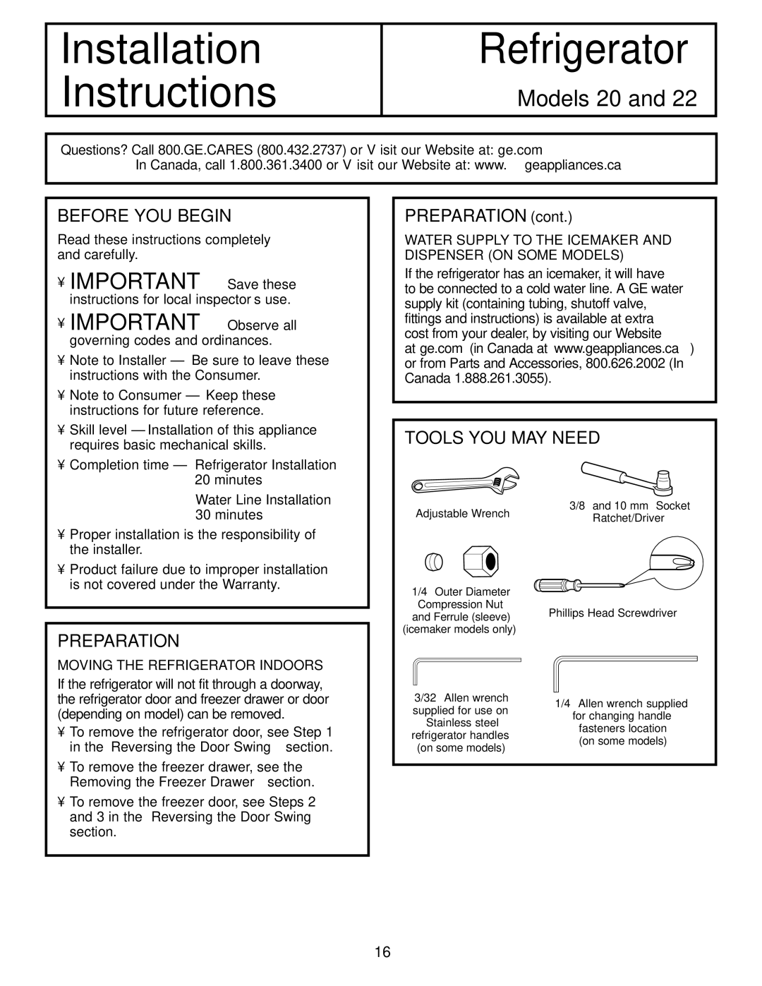 GE GDL22KCWSS manual Before YOU Begin, Preparation, Tools YOU MAY Need, Read these instructions completely and carefully 