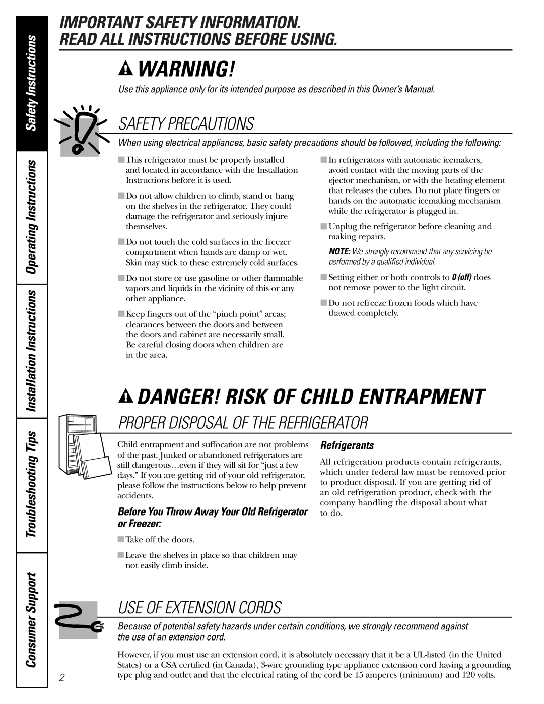 GE GDL22KCWSS manual Consumer, Before You Throw Away Your Old Refrigerator or Freezer, Refrigerants 