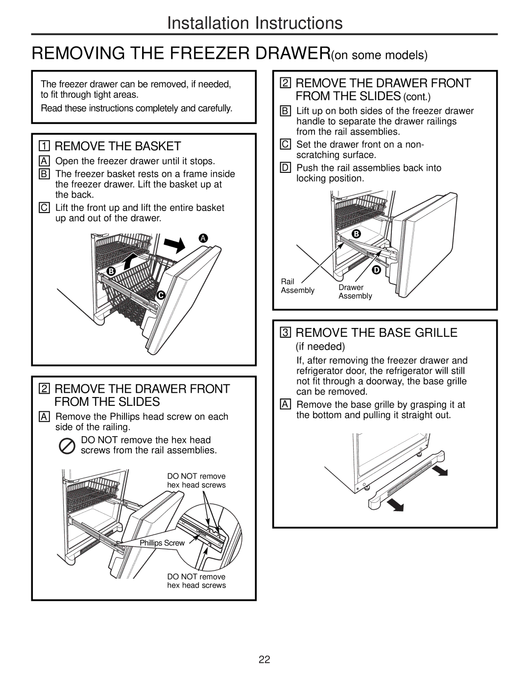 GE GDL22KCWSS manual Remove the Basket, Remove the Drawer Front from the Slides, Remove the Base Grille, If needed 