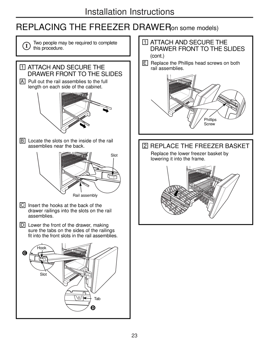 GE GDL22KCWSS manual Replace the Freezer Basket, Attach and Secure the Drawer Front to the Slides, Cont 