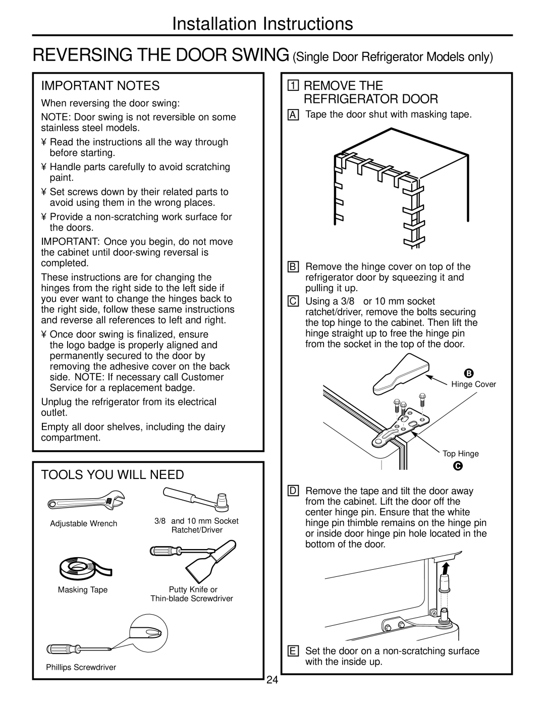 GE GDL22KCWSS manual Important Notes, Tools YOU will Need, Remove the Refrigerator Door 