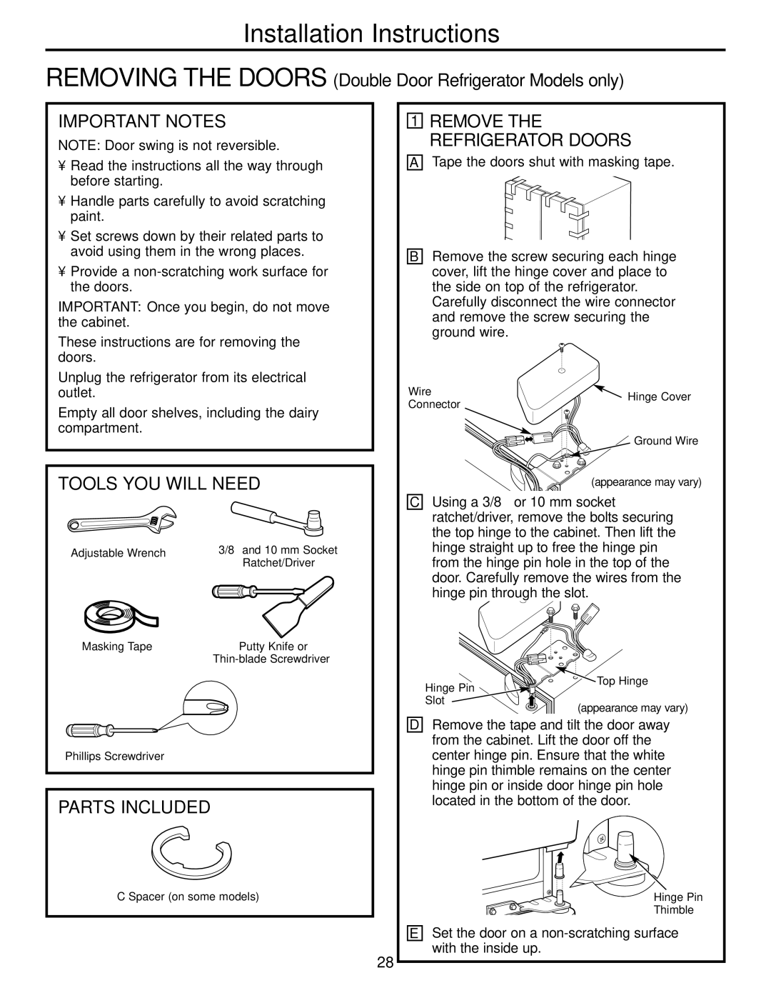 GE GDL22KCWSS manual Tools YOU will Need, Parts Included, Remove the Refrigerator Doors 