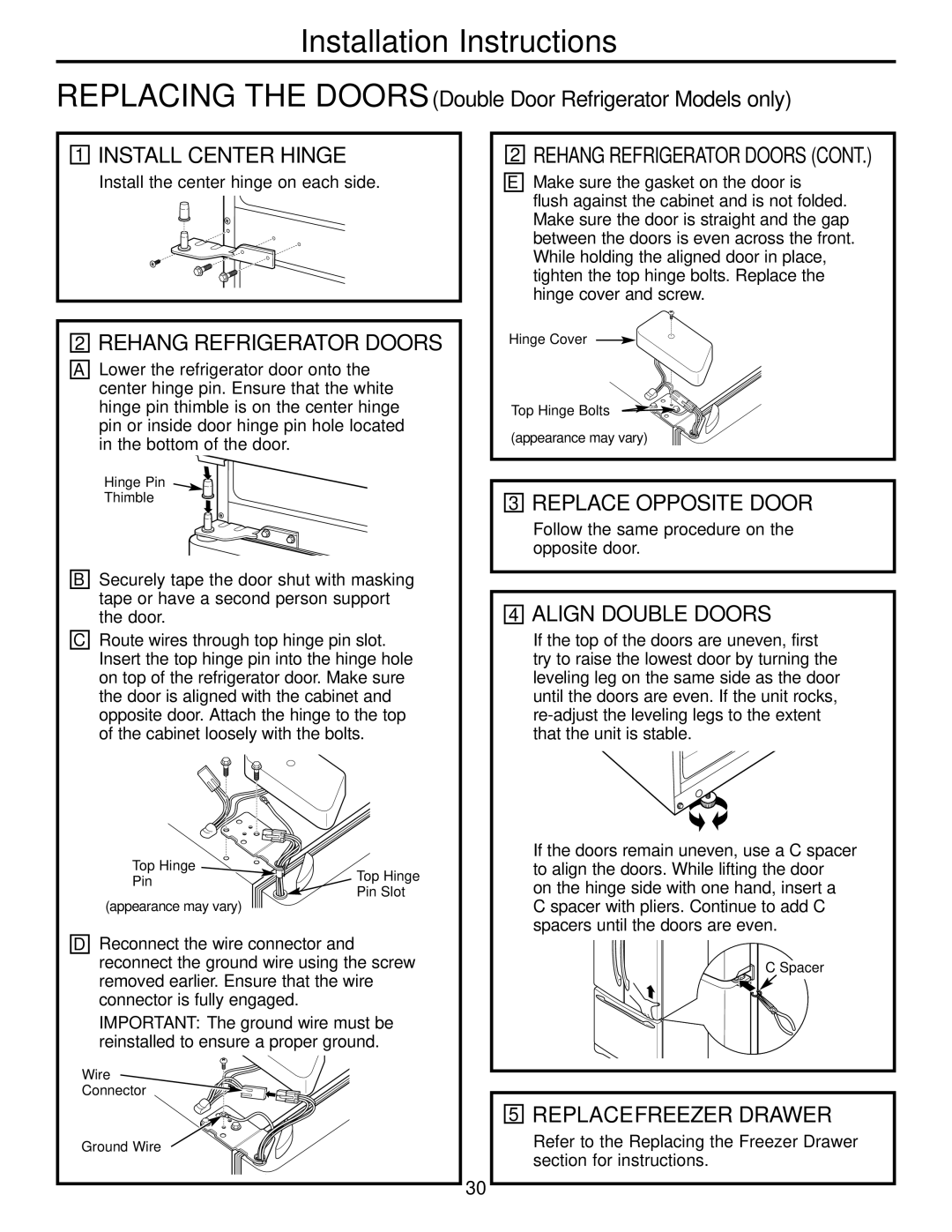 GE GDL22KCWSS manual Rehang Refrigerator Doors, Replace Opposite Door, Align Double Doors, Replace Freezer Drawer 