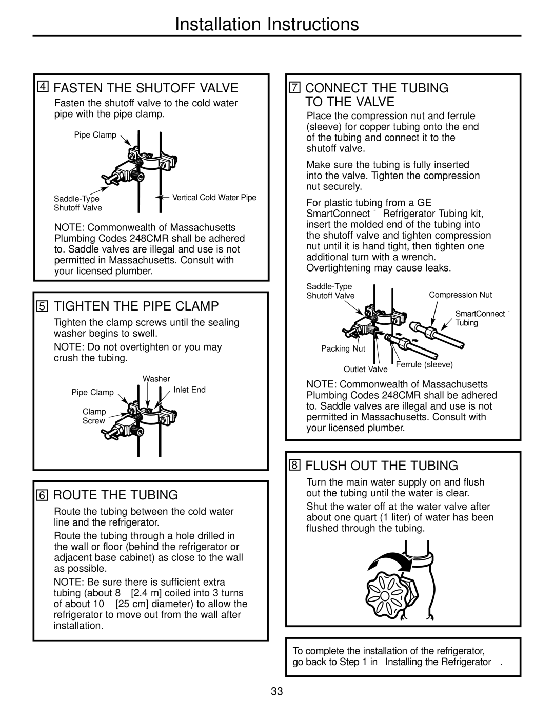 GE GDL22KCWSS manual Fasten the Shutoff Valve, Tighten the Pipe Clamp, Connect the Tubing To the Valve, Route the Tubing 