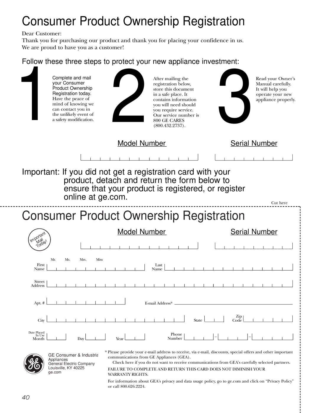 GE GDL22KCWSS manual Consumer Product Ownership Registration 