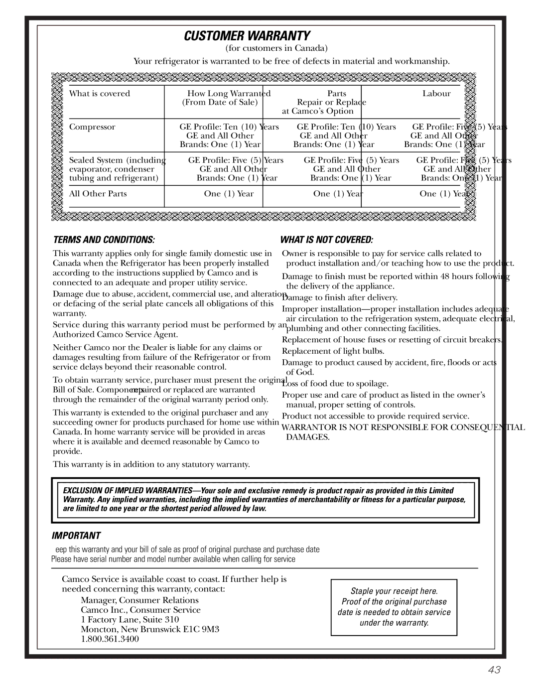 GE GDL22KCWSS manual Customer Warranty 