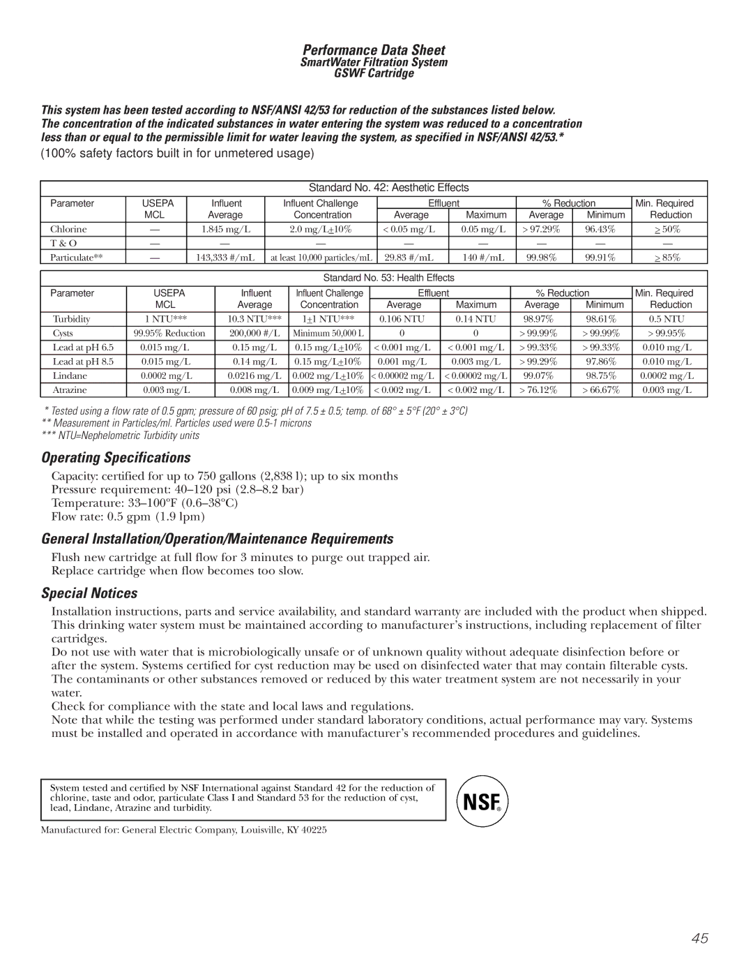 GE GDL22KCWSS Performance Data Sheet, Operating Specifications, General Installation/Operation/Maintenance Requirements 