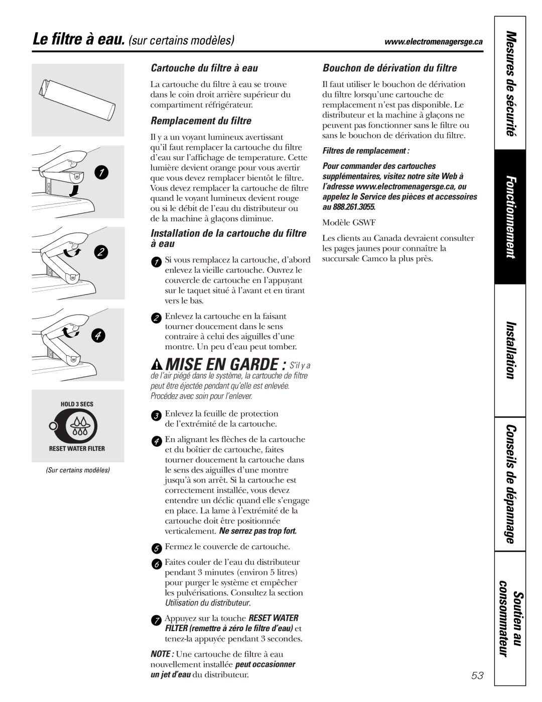 GE GDL22KCWSS Cartouche du filtre à eau, Remplacement du filtre, Bouchon de dérivation du filtre, Filtres de remplacement 