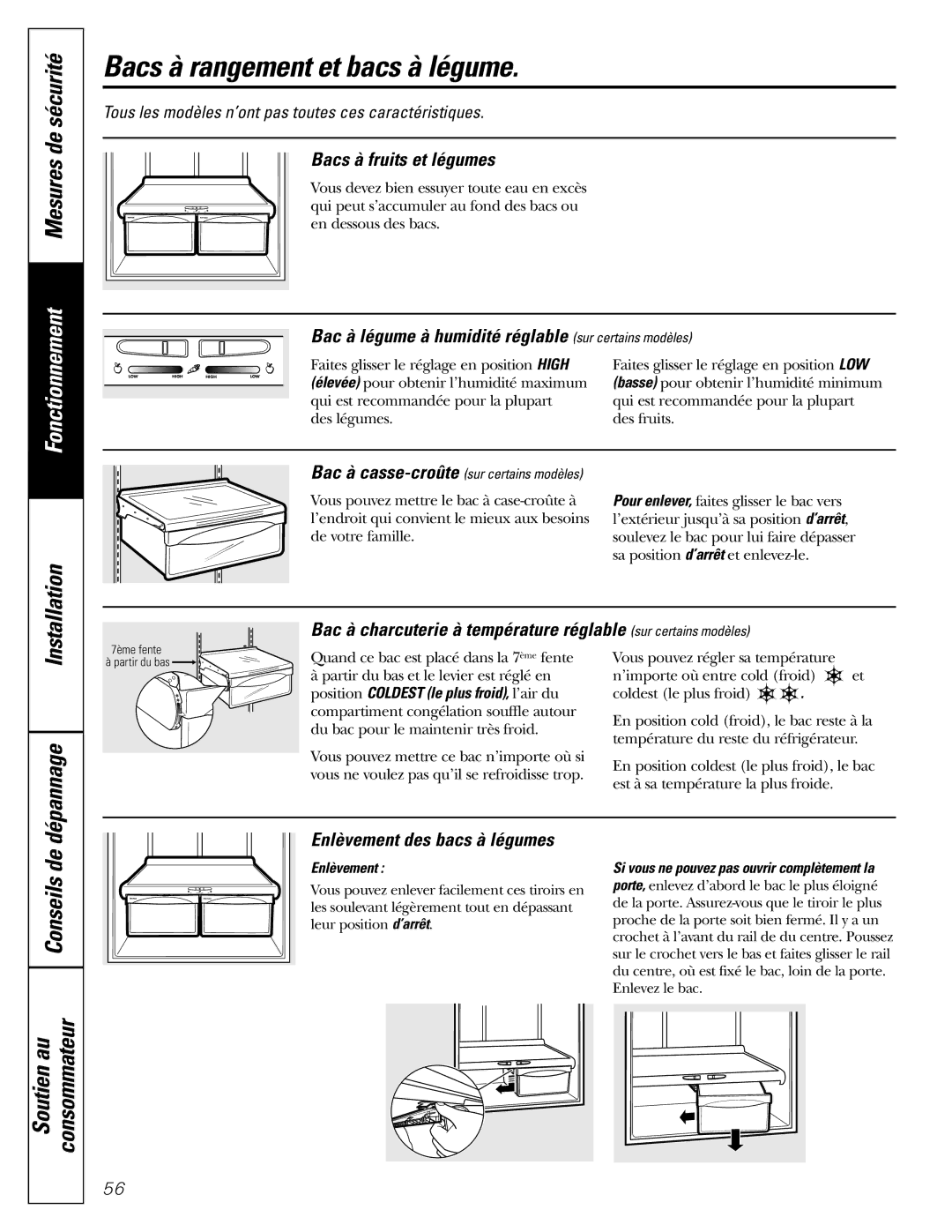 GE GDL22KCWSS manual Bacs à rangement et bacs à légume, Dépannage, Bacs à fruits et légumes, Enlèvement des bacs à légumes 