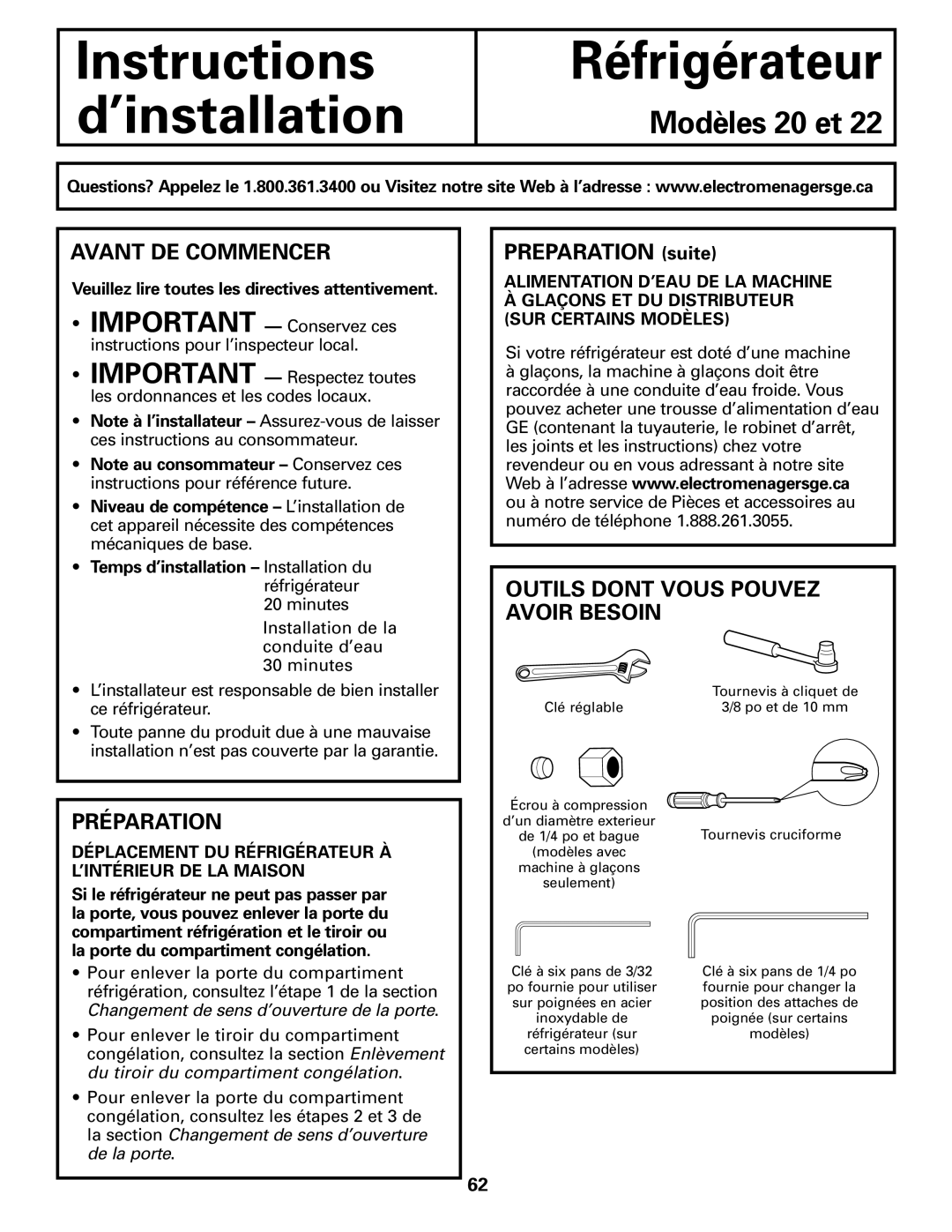 GE GDL22KCWSS manual Avant DE Commencer, Préparation, Outils Dont Vous Pouvez, Avoir Besoin 