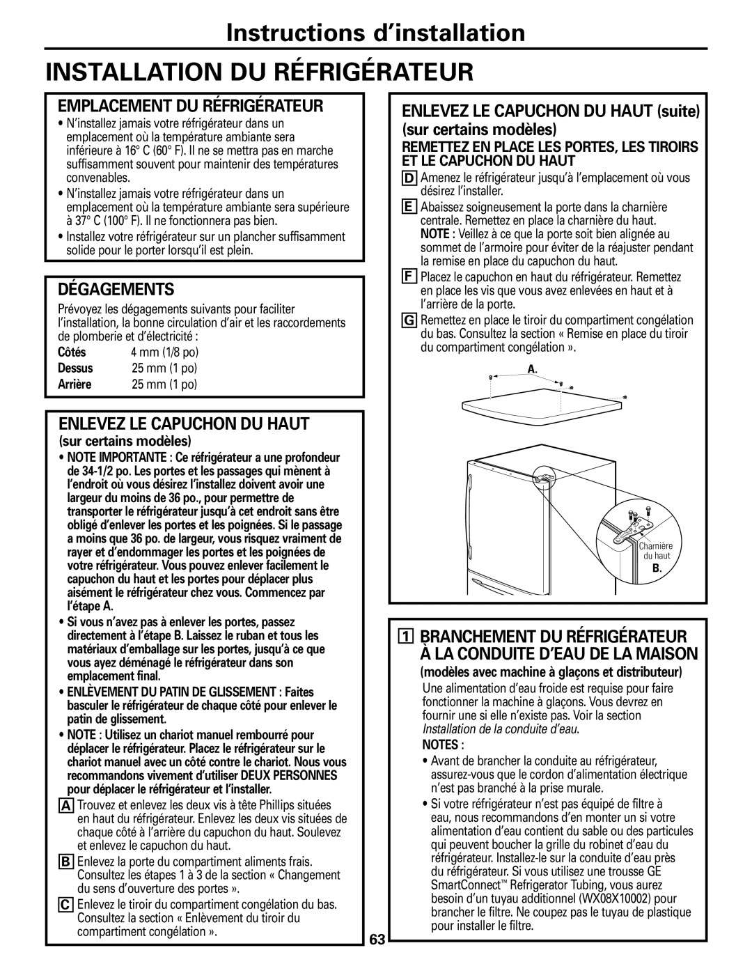 GE GDL22KCWSS manual Installation DU Réfrigérateur, Dégagements, Enlevez LE Capuchon DU Haut, Emplacement DU Réfrigérateur 