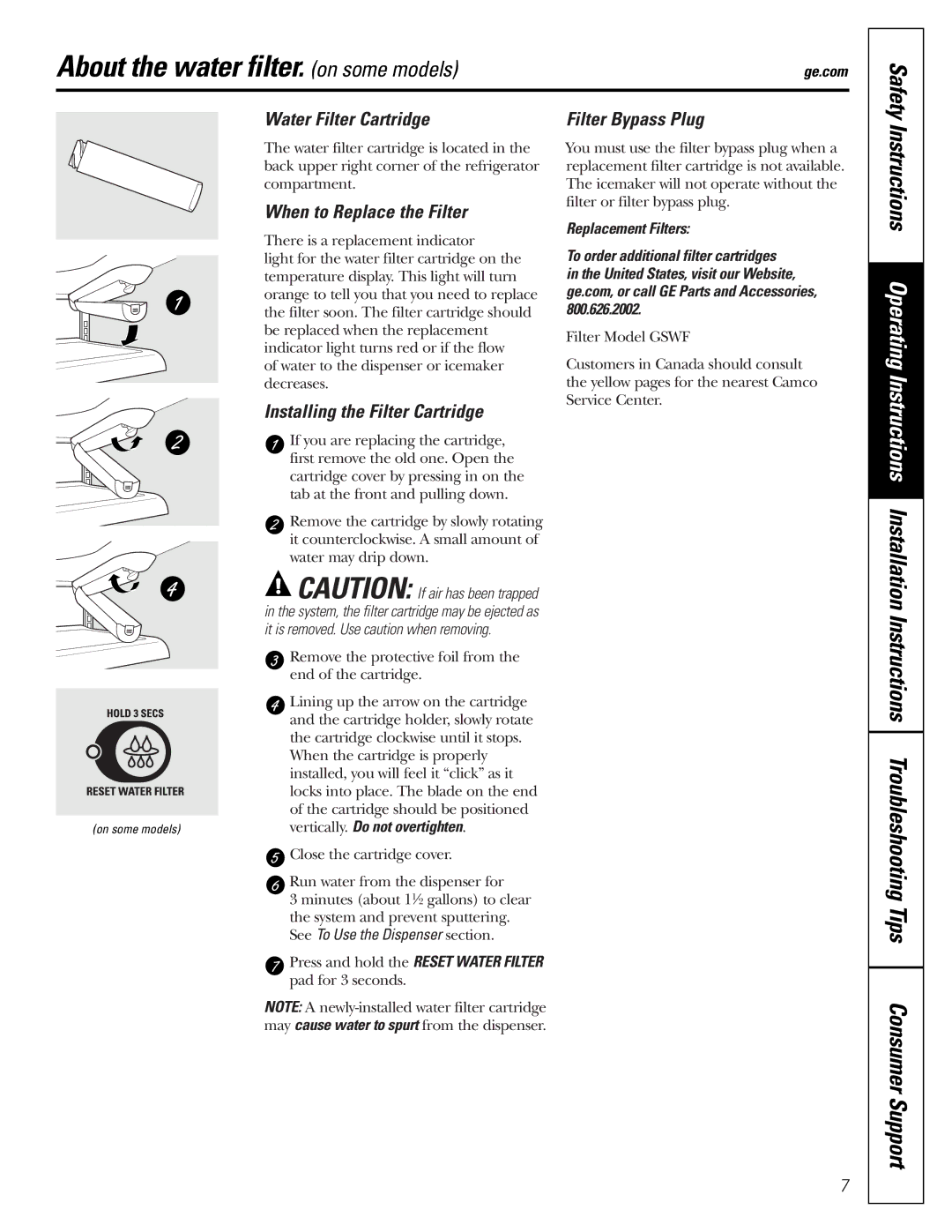 GE GDL22KCWSS manual About the water filter. on some models, Safety, Water Filter Cartridge Filter Bypass Plug 