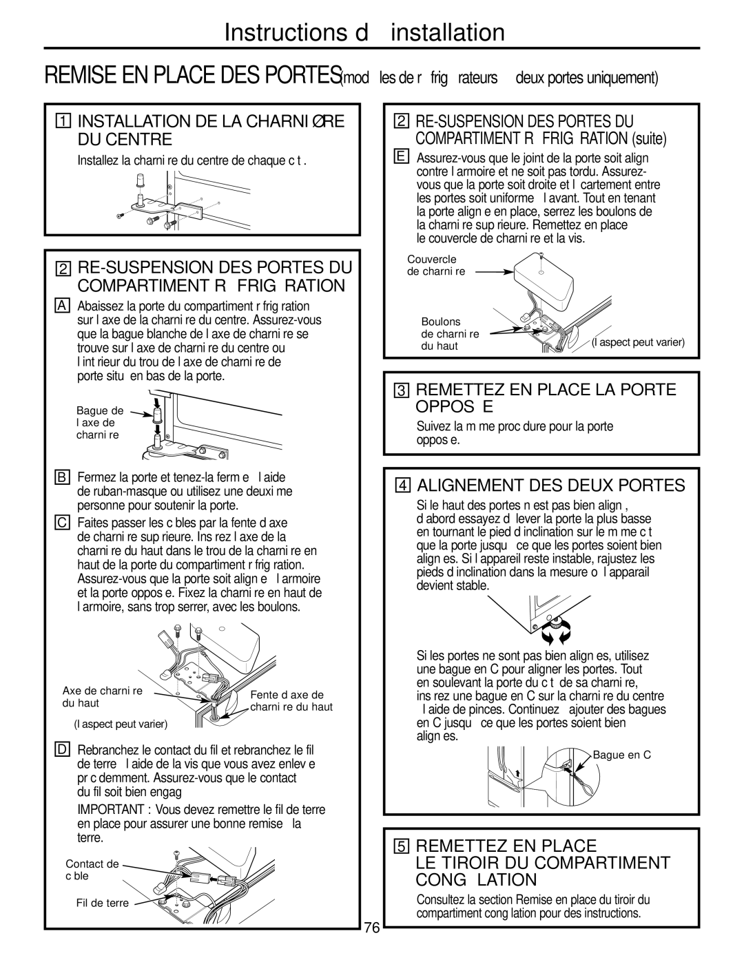 GE GDL22KCWSS manual Alignement DES Deux Portes, Remettez EN Place, RE-SUSPENSION DES Portes DU Compartiment Réfrigération 