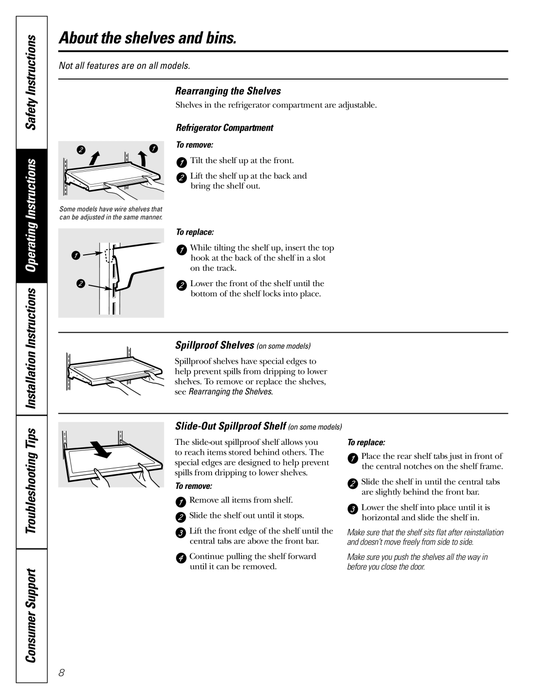 GE GDL22KCWSS manual About the shelves and bins, Rearranging the Shelves, Spillproof Shelves on some models, To remove 