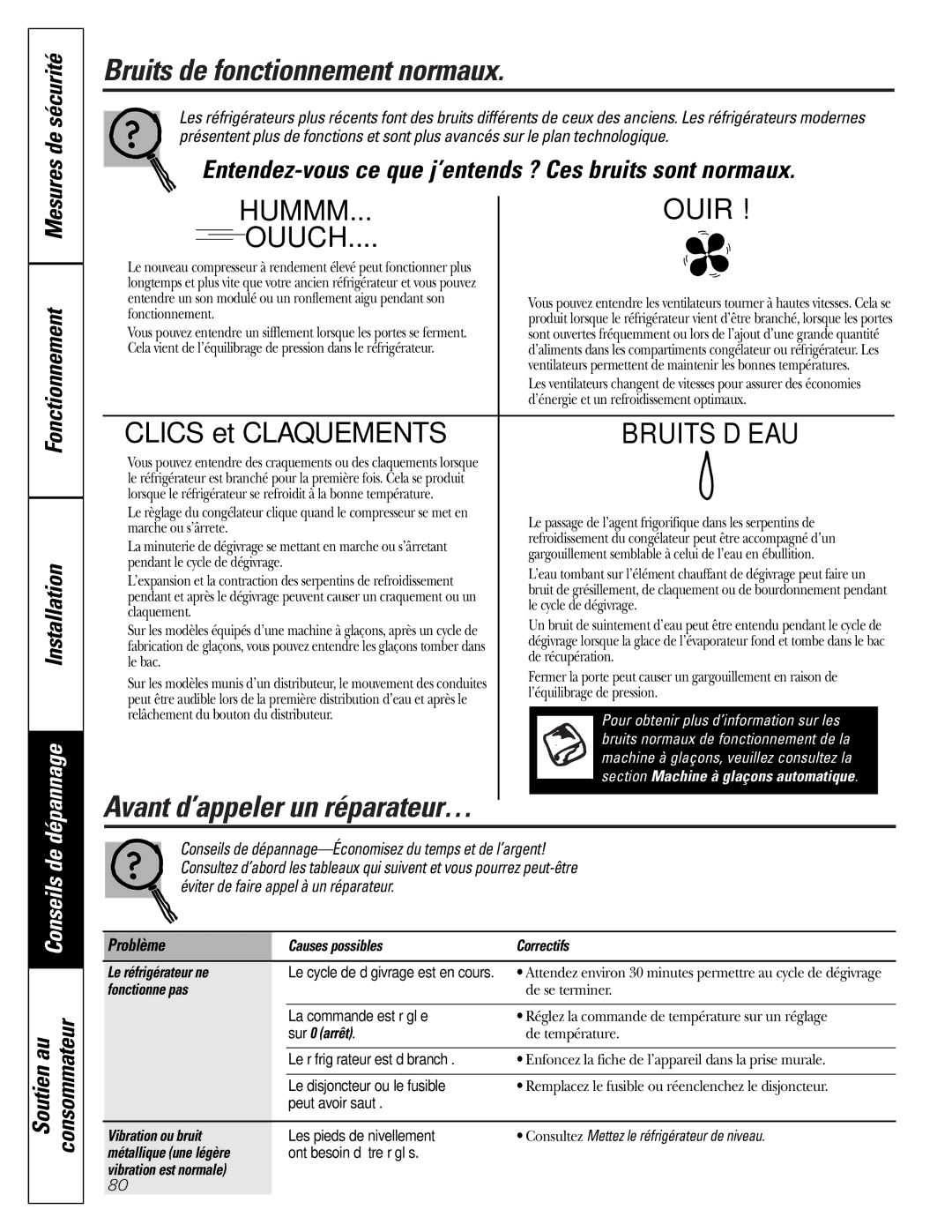 GE GDL22KCWSS manual Bruits de fonctionnement normaux, Mesures de sécurité Fonctionnement Installation 