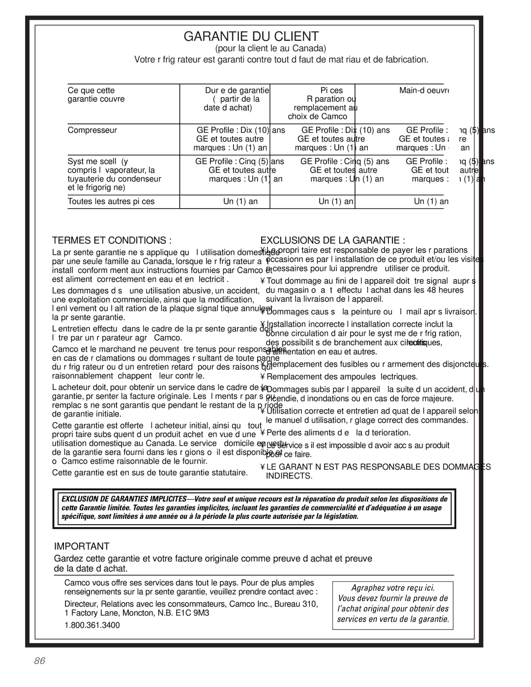 GE GDL22KCWSS manual Garantie DU Client 