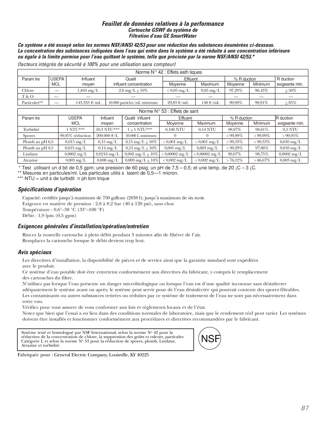 GE GDL22KCWSS manual Feuillet de données relatives à la performance, Norme no 42 Effets esthétiques 