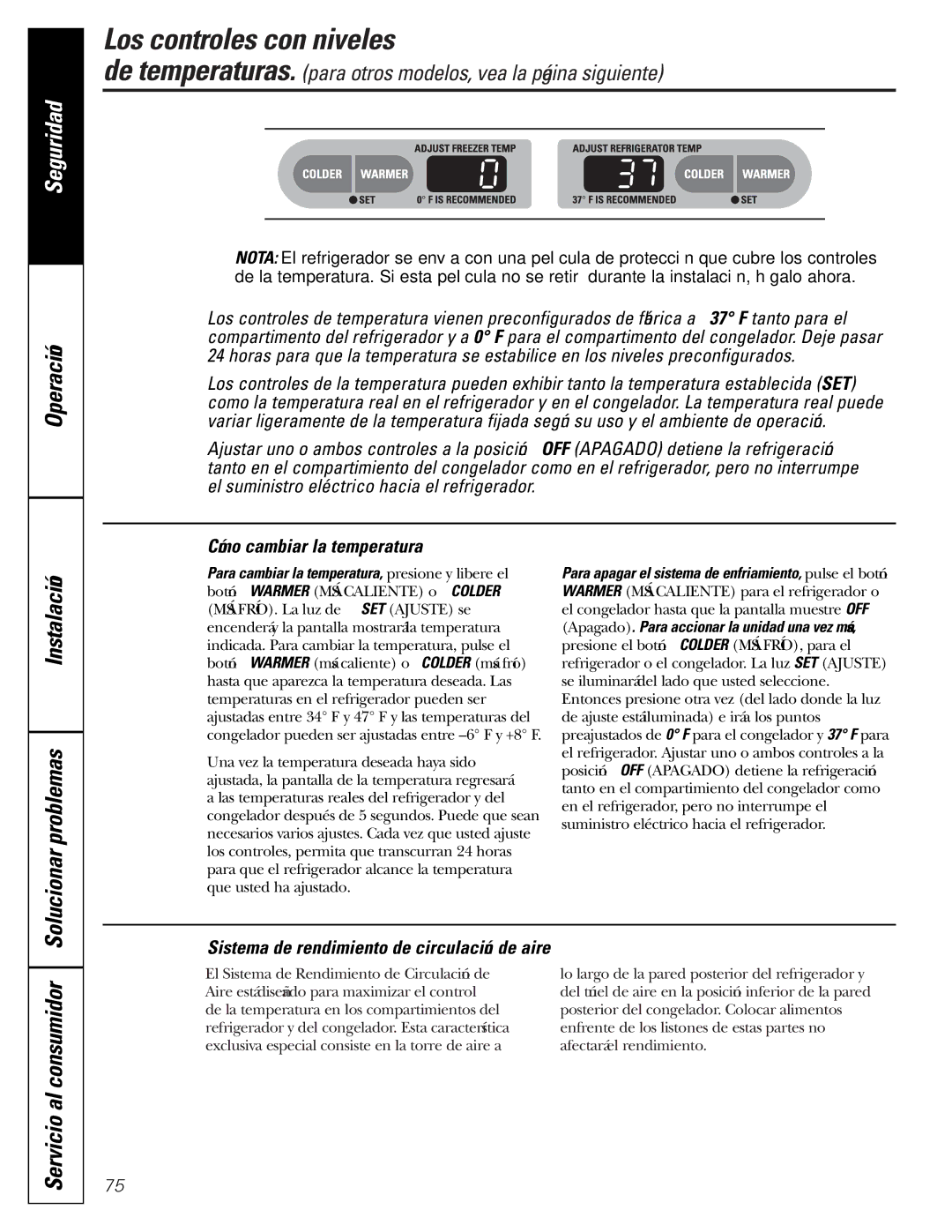 GE GDL22KCWSS manual Los controles con niveles, Instalación Solucionar problemas, Cómo cambiar la temperatura 