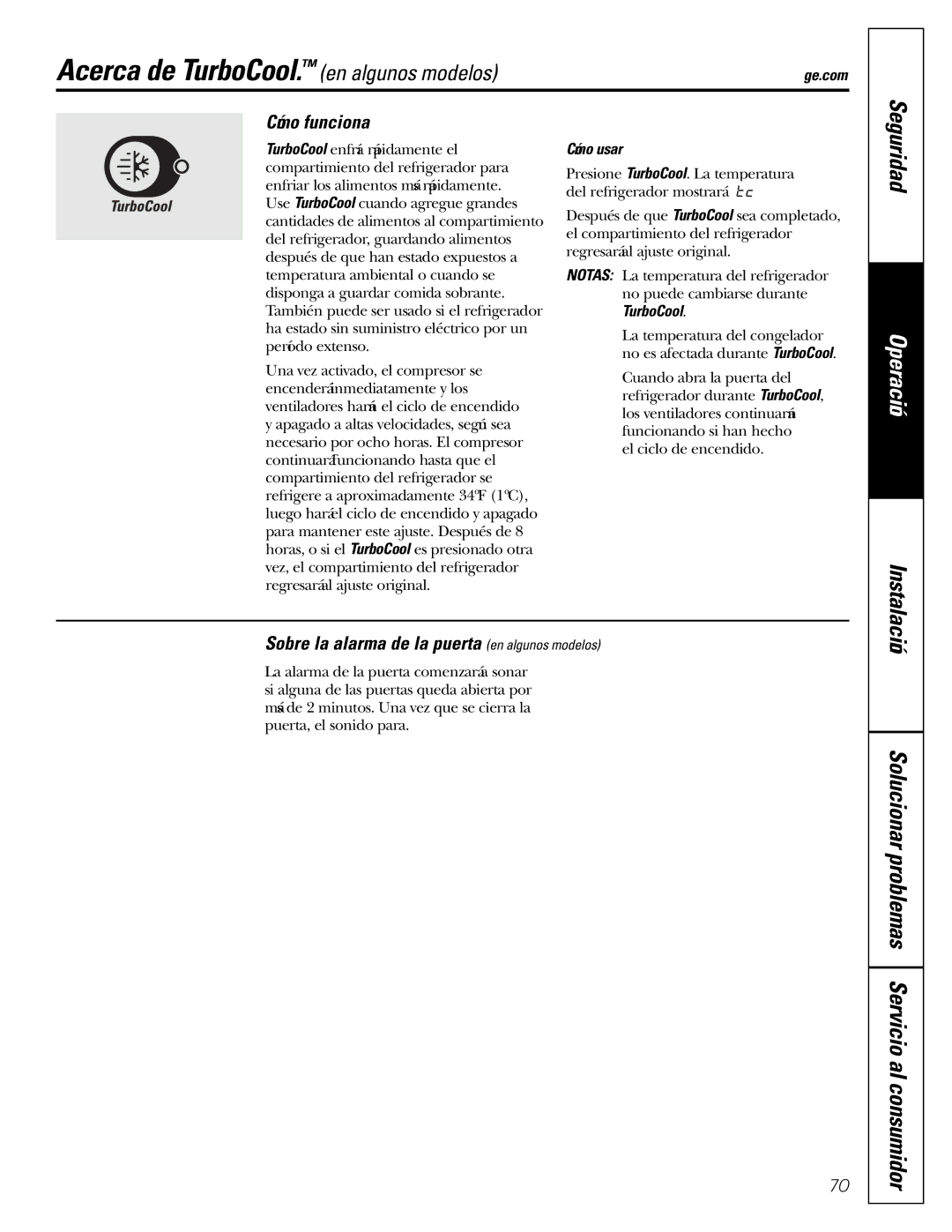 GE GDL22KCWSS manual Acerca de TurboCool. en algunos modelos, Seguridad, Cómo funciona, Cómo usar 