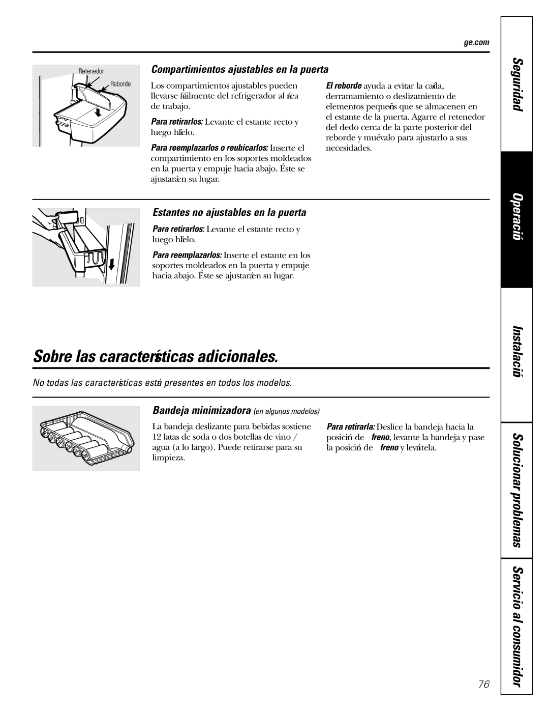 GE GDL22KCWSS manual Sobre las características adicionales, Compartimientos ajustables en la puerta 