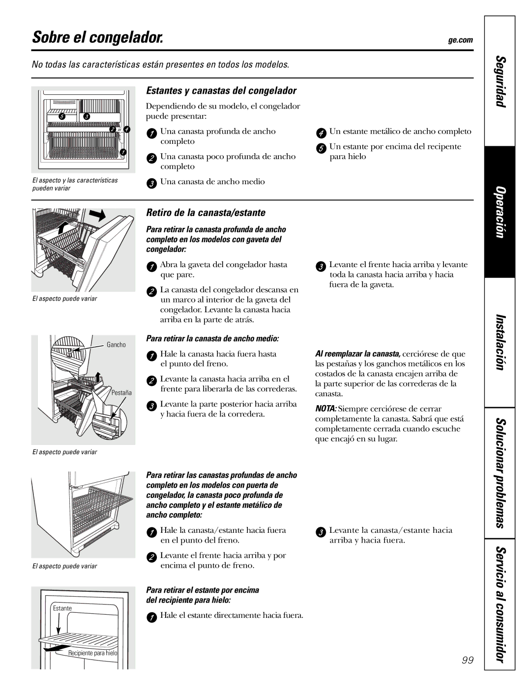 GE GDL22KCWSS manual Sobre el congelador, Estantes y canastas del congelador, Retiro de la canasta/estante, Solucionar 