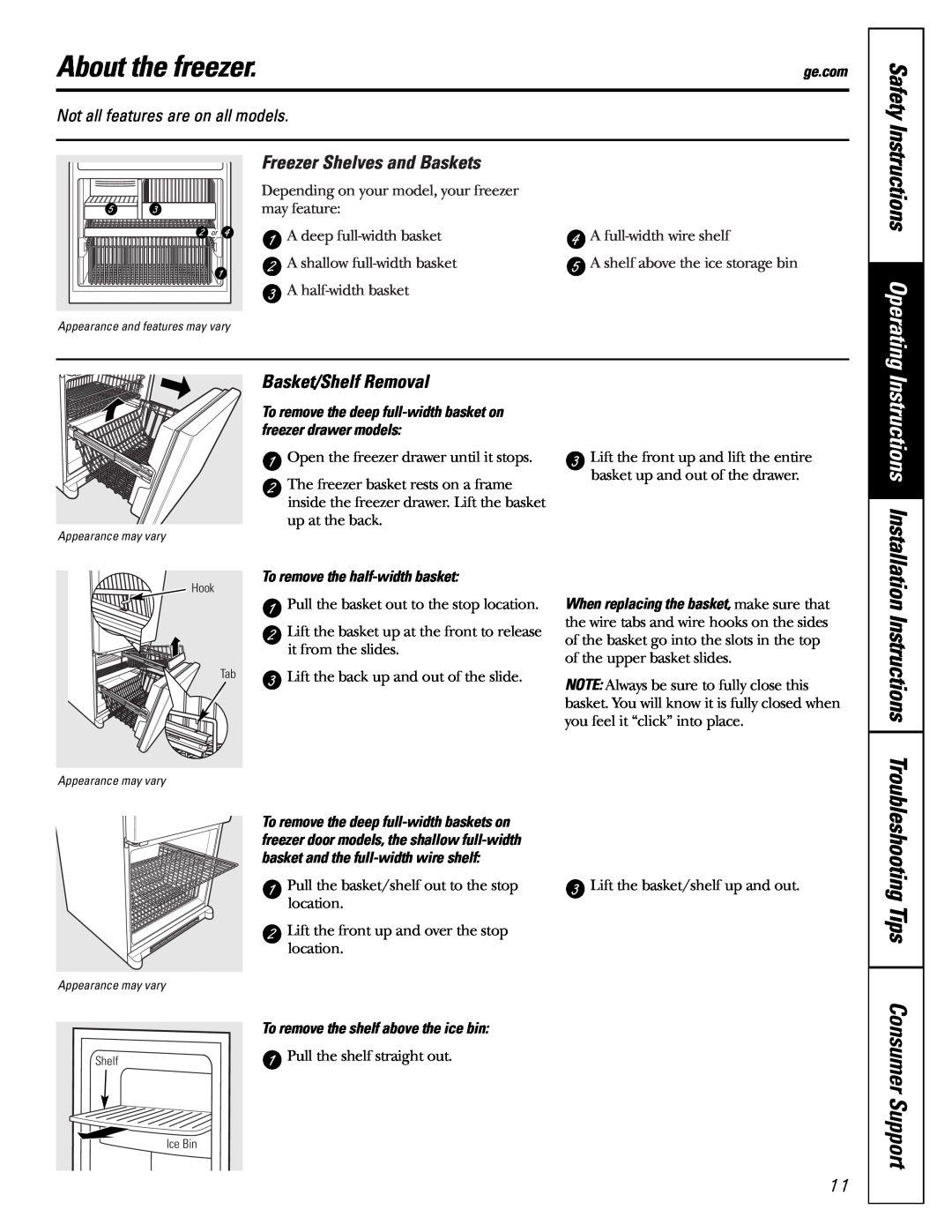 GE GDL22KCWSS manual About the freezer, Instructions Operating, Freezer Shelves and Baskets, Basket/Shelf Removal, Safety 