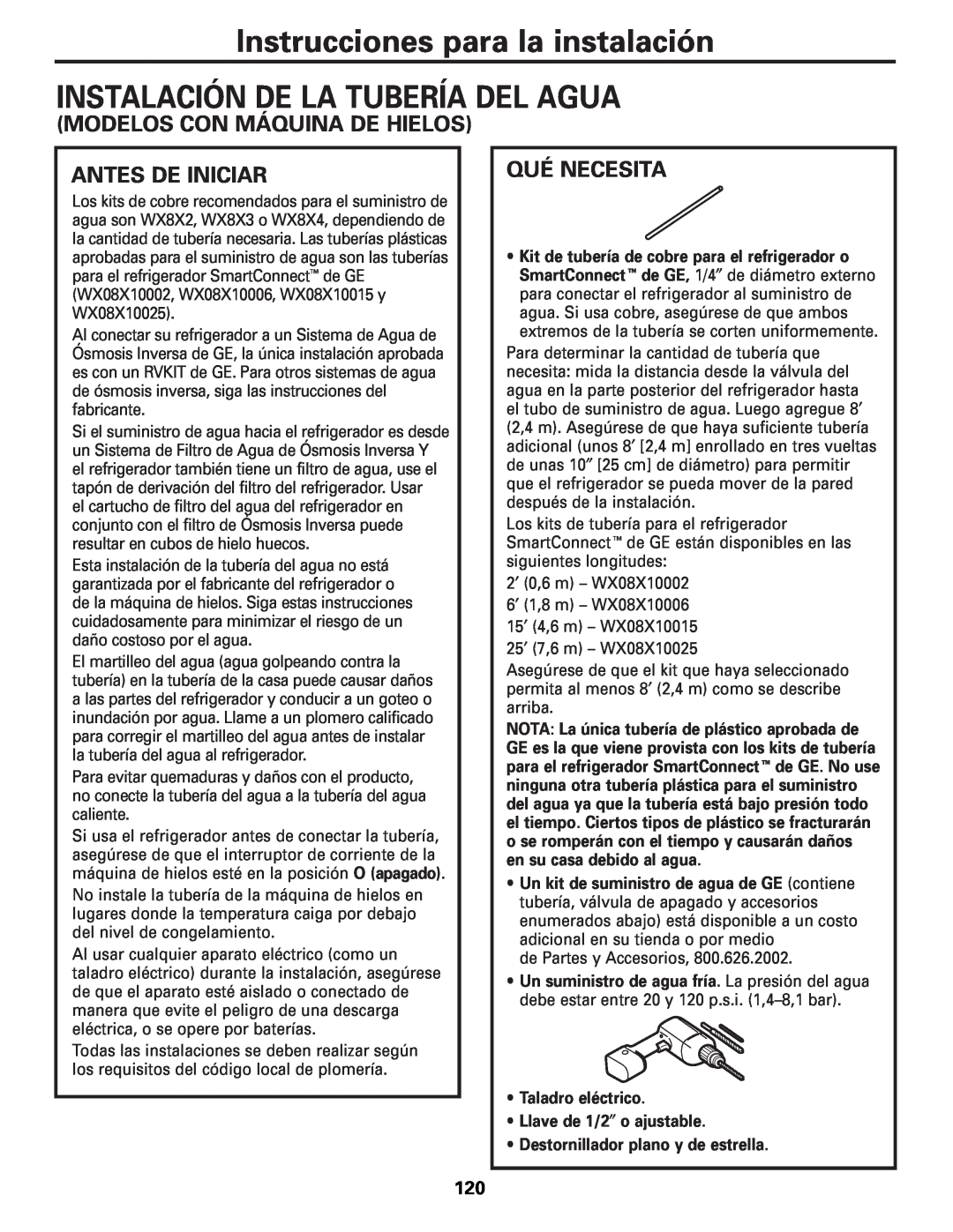 GE GDL22KCWSS manual Instrucciones para la instalación INSTALACIÓN DE LA TUBERÍA DEL AGUA, Modelos Con Máquina De Hielos 