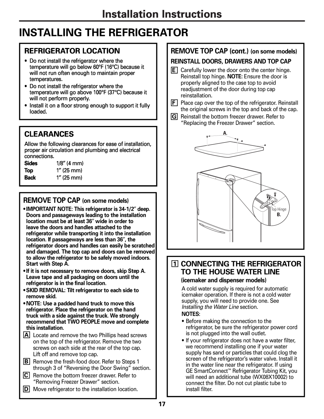 GE GDL22KCWSS manual Installation Instructions INSTALLING THE REFRIGERATOR, Refrigerator Location, Clearances, Sides, Back 