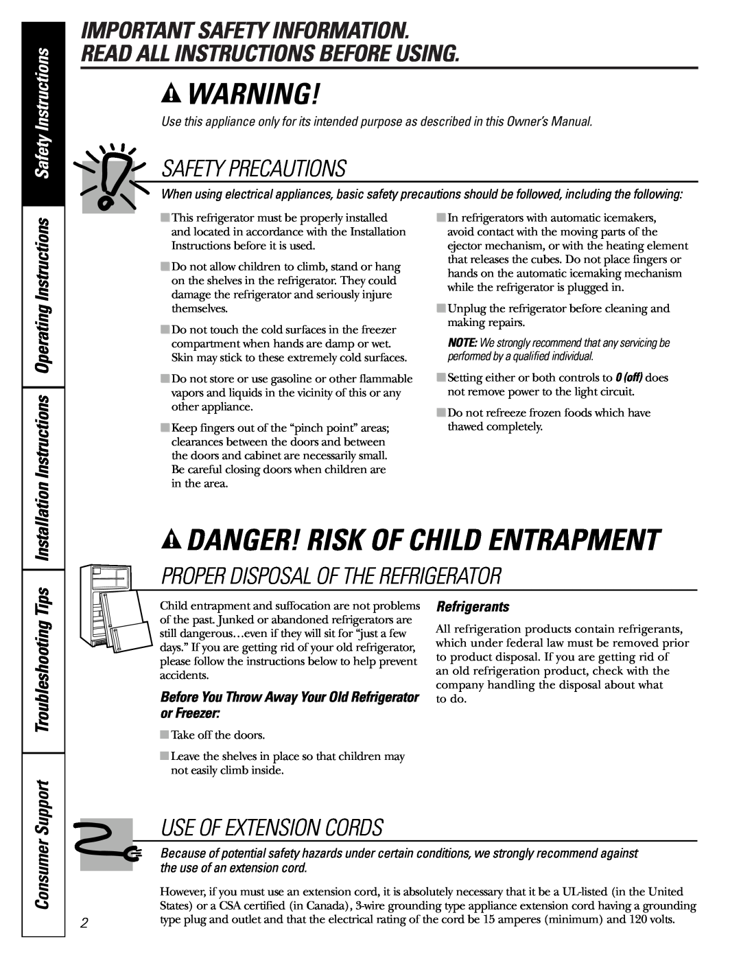 GE GDL22KCWSS Danger! Risk Of Child Entrapment, Important Safety Information Read All Instructions Before Using, Consumer 