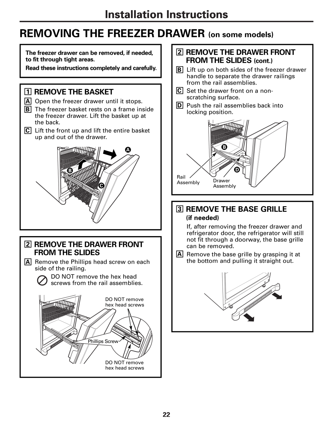 GE GDL22KCWSS manual Installation Instructions REMOVING THE FREEZER DRAWER on some models, Remove The Basket, if needed 