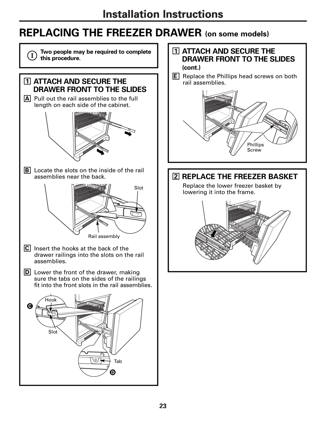 GE GDL22KCWSS Installation Instructions REPLACING THE FREEZER DRAWER on some models, Replace The Freezer Basket, cont 