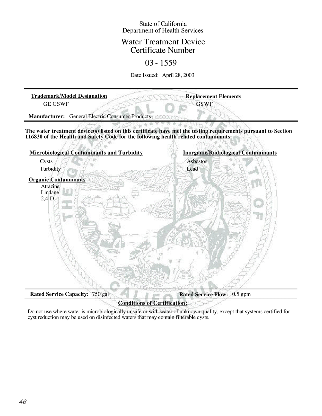 GE GDL22KCWSS manual State of California, Department of Health Services, Water Treatment Device, Certificate Number 
