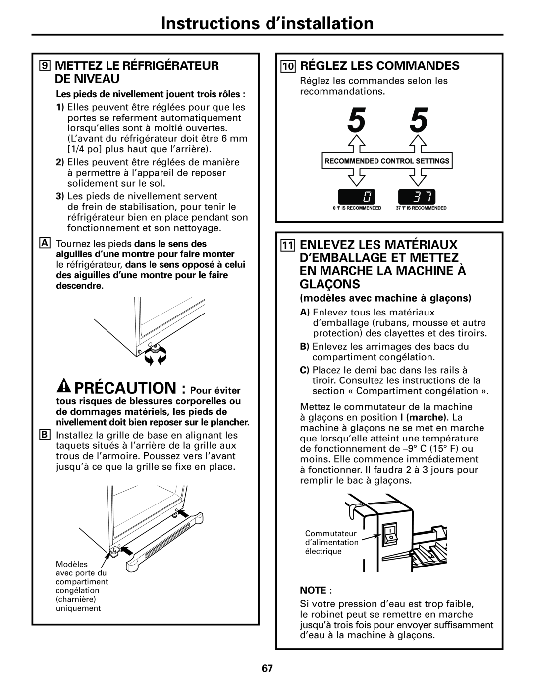 GE GDL22KCWSS manual PRÉCAUTION Pour éviter, 10 RÉGLEZ LES COMMANDES, Mettez Le Réfrigérateur De Niveau 