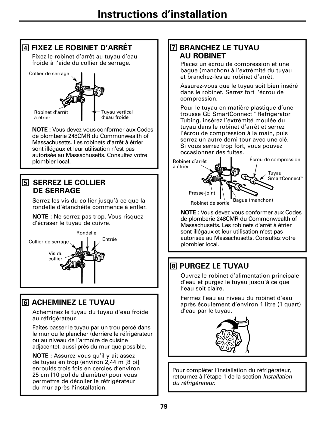 GE GDL22KCWSS manual Fixez Le Robinet D’Arrêt, Branchez Le Tuyau Au Robinet, Acheminez Le Tuyau, Purgez Le Tuyau 