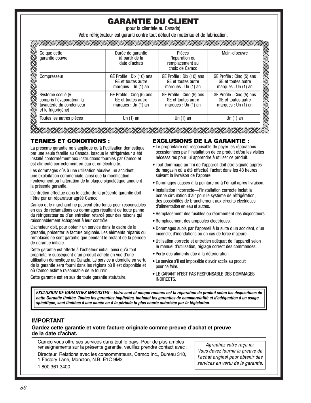 GE GDL22KCWSS manual Garantie Du Client, Termes Et Conditions, Exclusions De La Garantie, pour la clientèle au Canada 