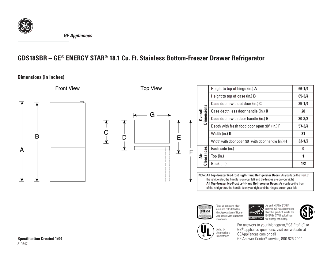 GE GDS18SBRSS dimensions Dimensions in inches, Front View Top View 